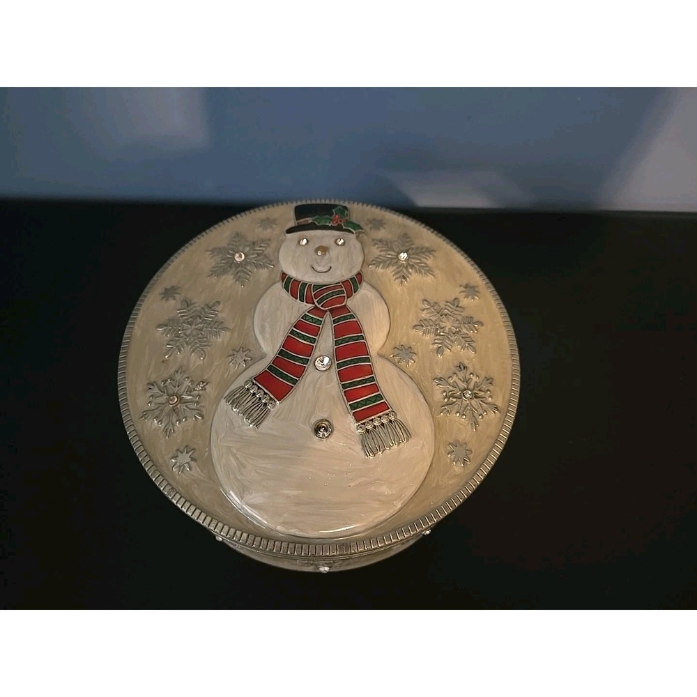 Olivia & Gracie Snowman Metal/Enamel Jewelry Trinket Box Christmas Mirror